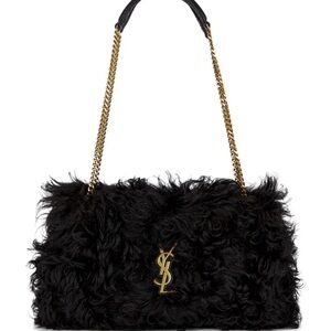 Yves Saint Laurent Black Shearling Shoulder Bag with Gold Chain